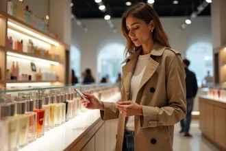 Jeune femme compare deux prix de parfums en magasin
