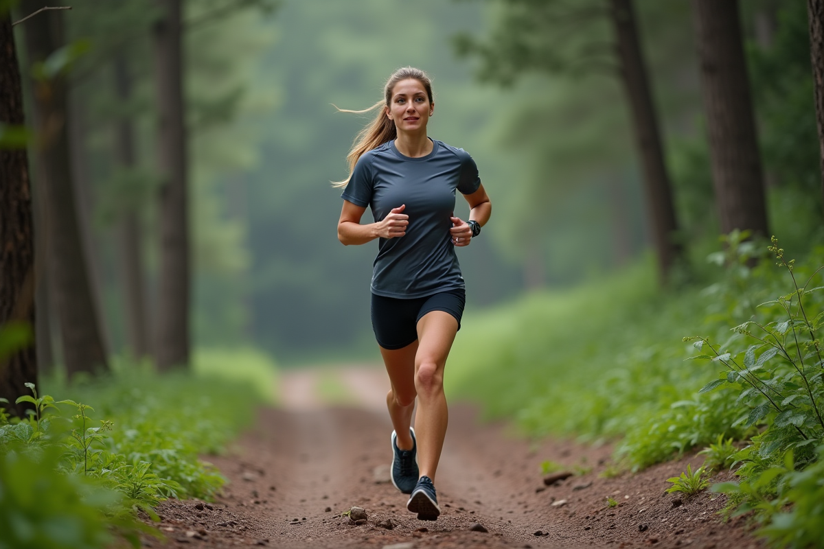 Femme courant en forêt sur un sentier naturel