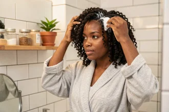 Femme aux cheveux bouclés 4C appliquant une crème définissante devant un miroir de salle de bain