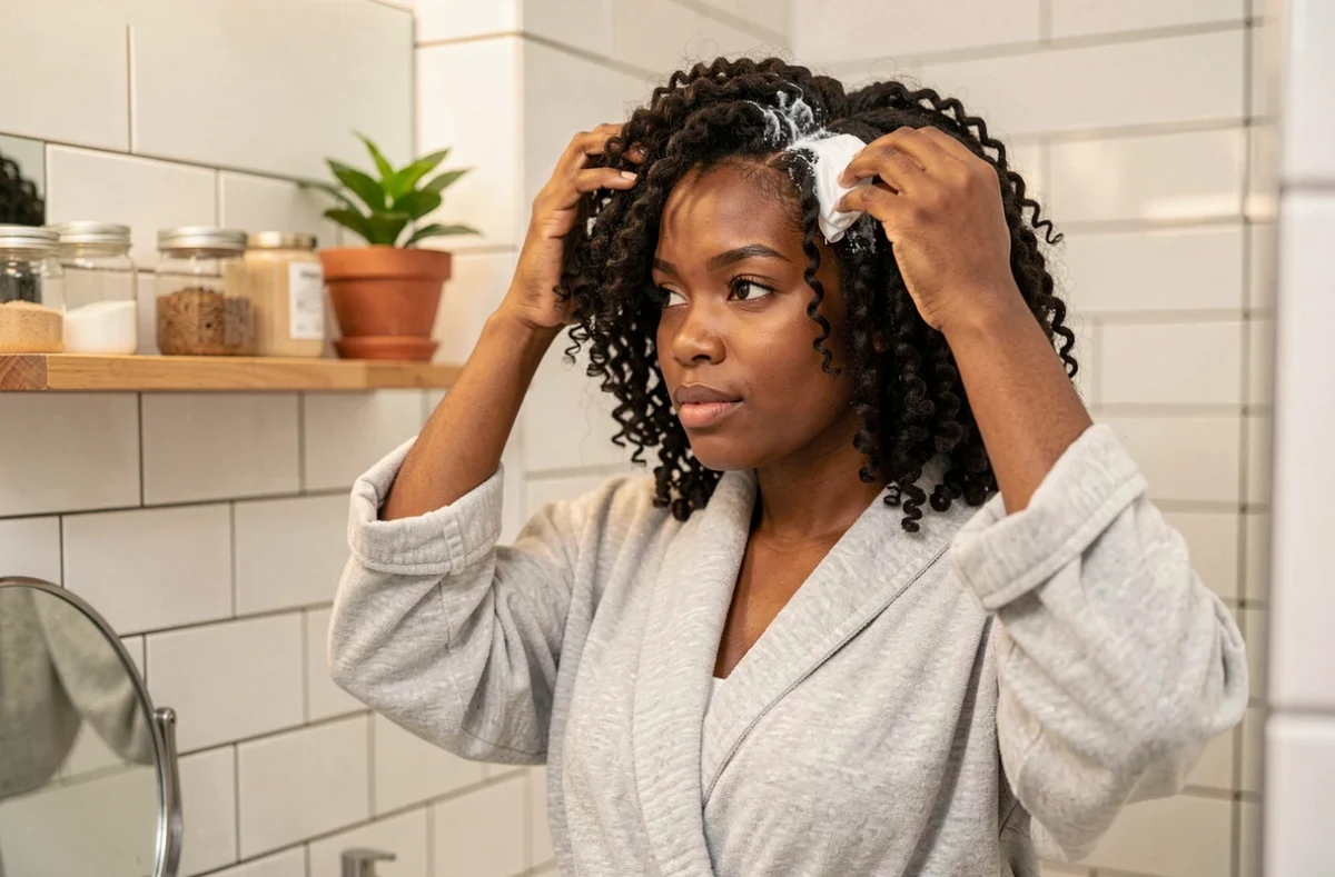 Femme aux cheveux bouclés 4C appliquant une crème définissante devant un miroir de salle de bain