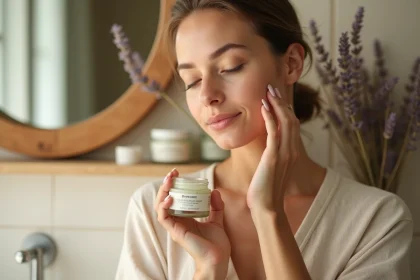 Femme appliquant une crème visage bio La Provençale dans une salle de bain aux carreaux en pierre, ambiance naturelle et sereine