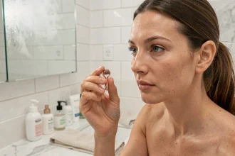 Femme tenant un dermaroller rose gold devant un miroir de salle de bain moderne, comparaison soin maison et institut