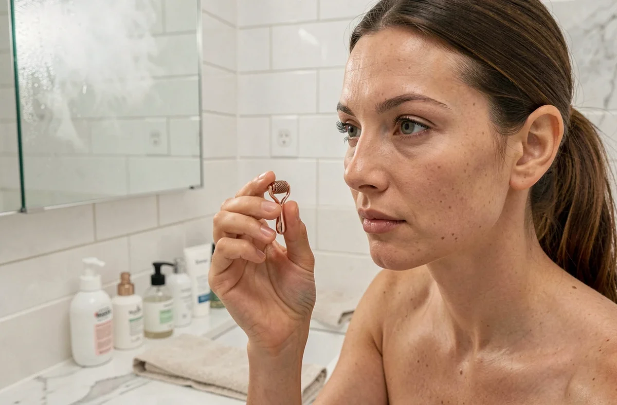 Femme tenant un dermaroller rose gold devant un miroir de salle de bain moderne, comparaison soin maison et institut