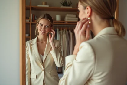 Femme élégante en blazer crème ajusté regardant dans un miroir