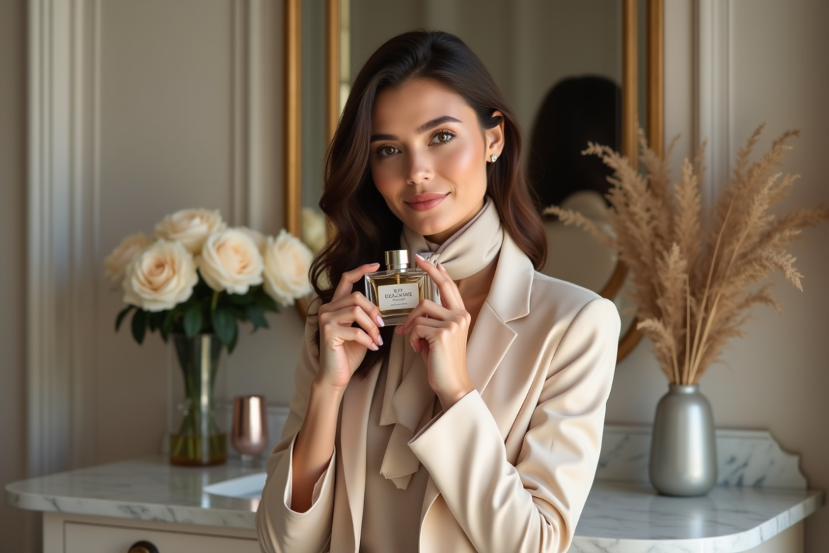 Femme élégante avec parfum et blazer beige