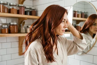 Femme aux cheveux teints au henné rouge intense se mirant dans une glace en salle de bain naturelle