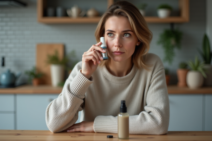 Femme tenant un inhalateur d huiles essentielles dans la cuisine