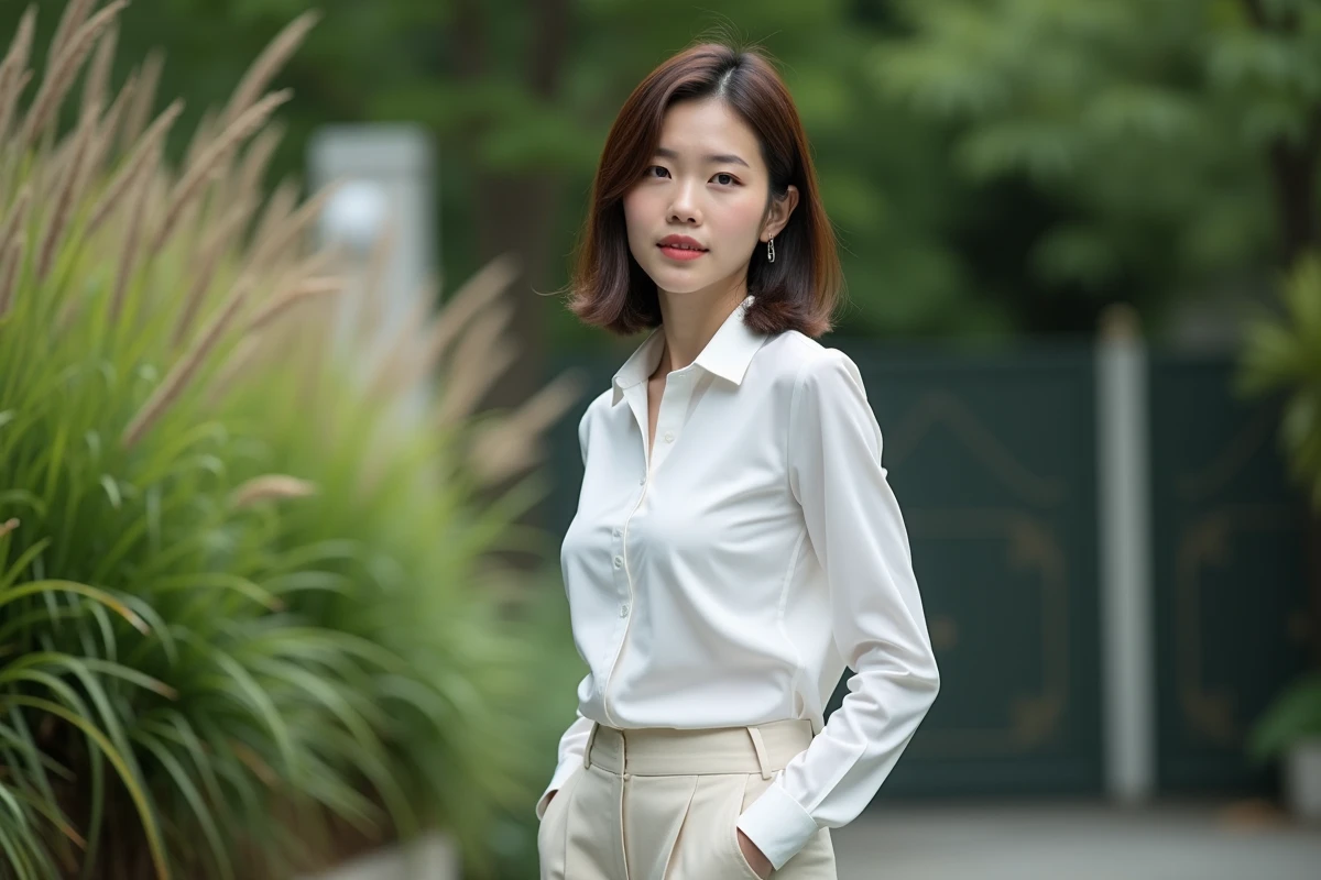 Femme en blouse blanche dans un jardin verdoyant