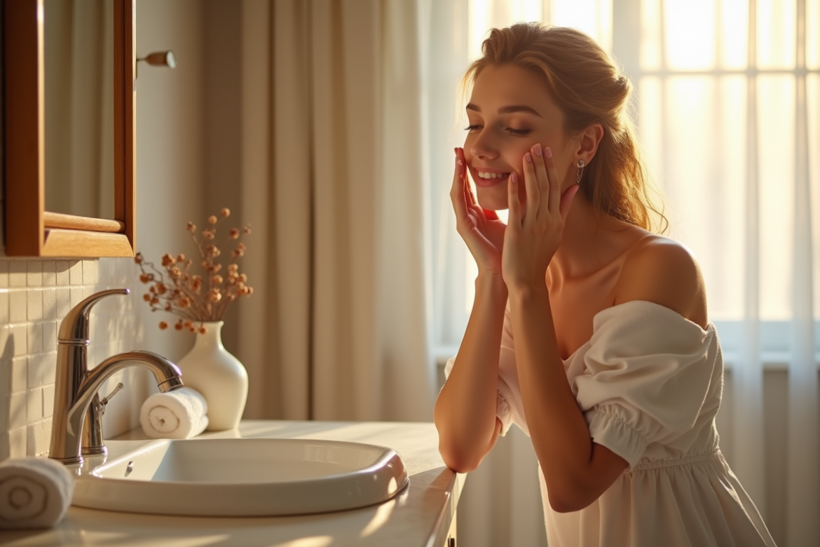 Jeune femme se lavant le visage dans une salle de bain douce