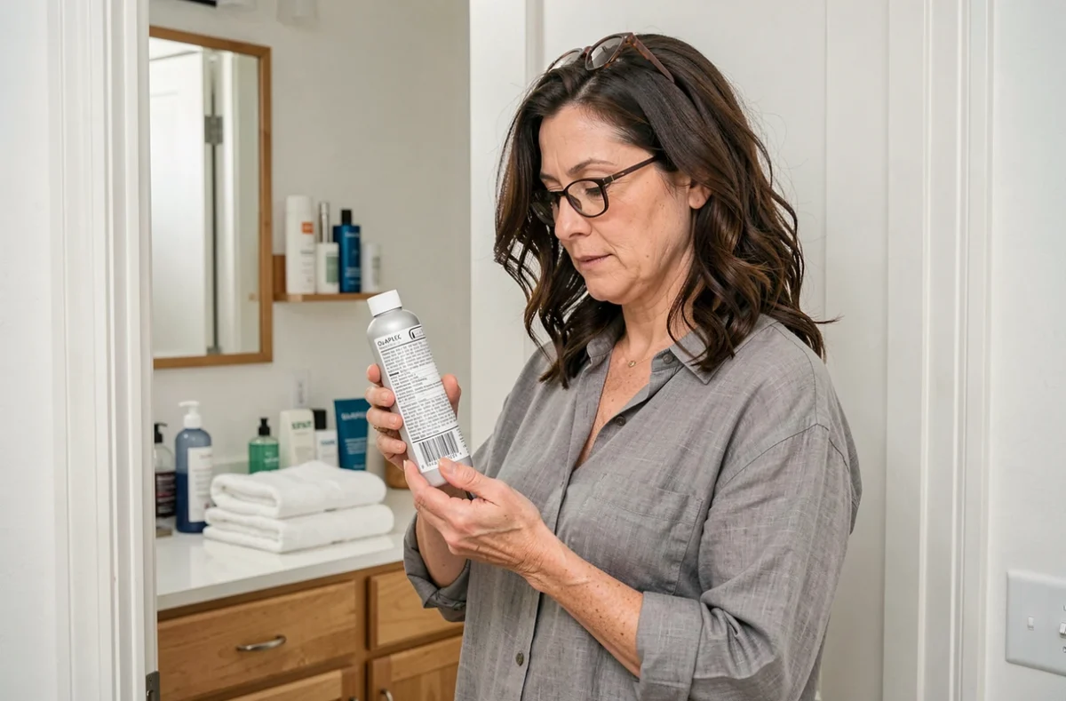 Femme lisant attentivement les ingrédients d'un produit Olaplex dans une salle de bain, représentant le questionnement des consommateurs face aux avis mitigés