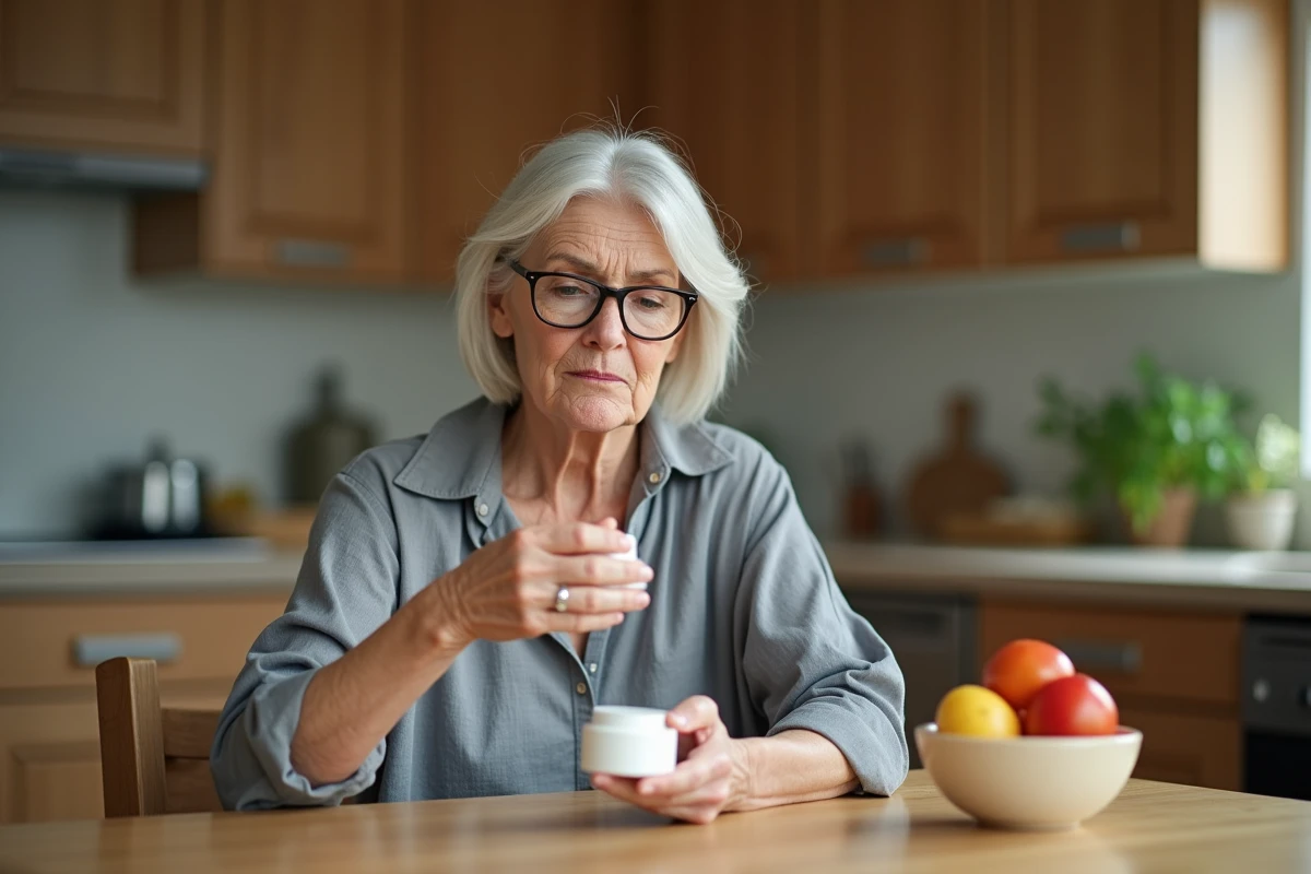 Femme mature lisant attentivement l'étiquette d'une crème anti-âge à la table de cuisine avec une expression dubitative