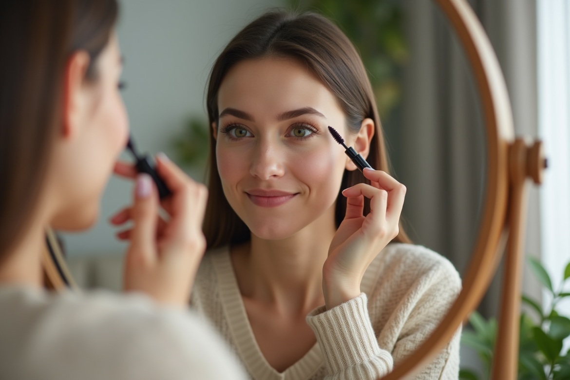 Femme appliquant mascara plumé dans sa chambre lumineuse
