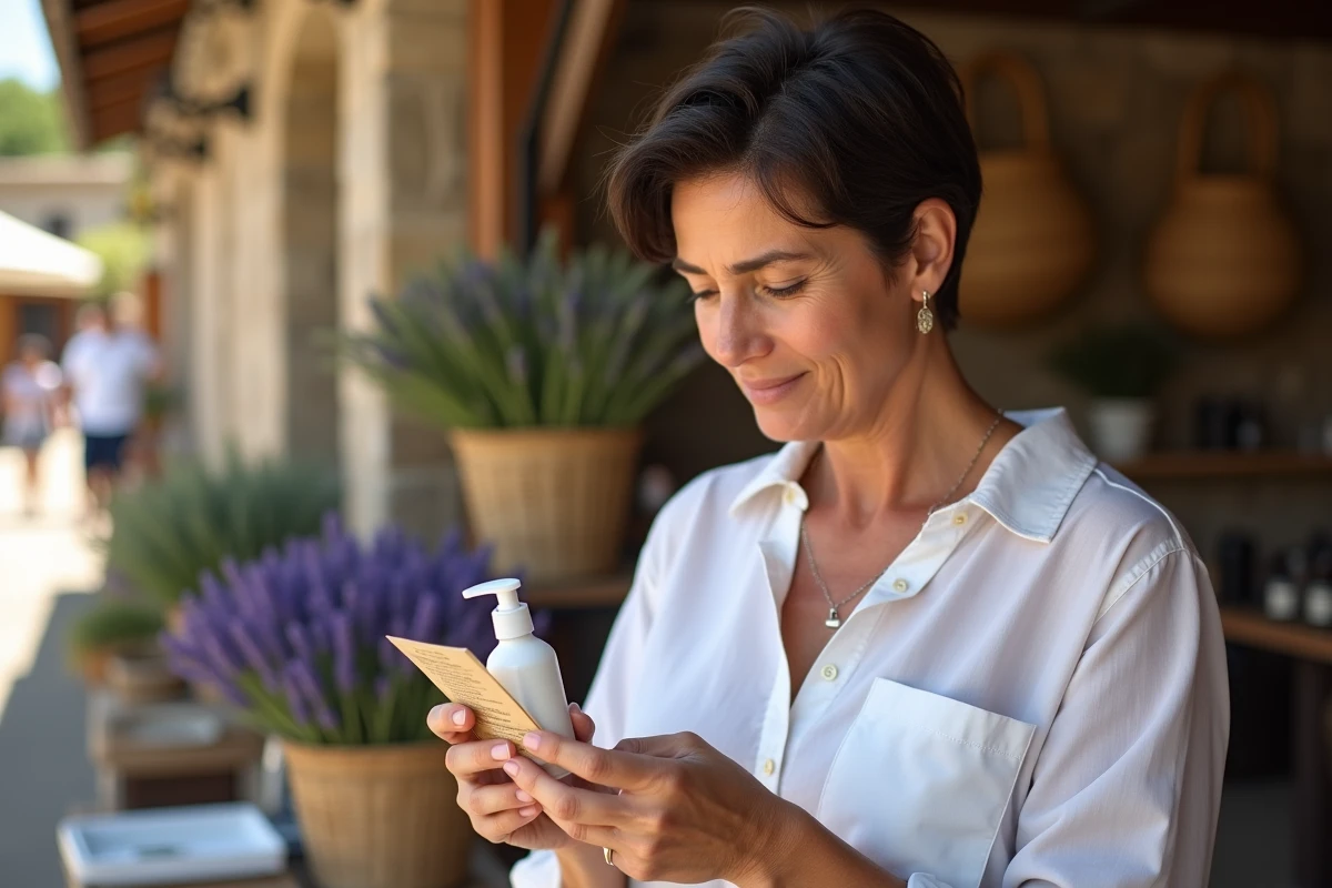 Femme lisant l'étiquette d'un produit de soin bio dans un marché provençal, ambiance authentique et naturelle