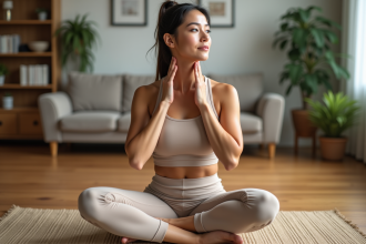 Femme en yoga mat se massant la mâchoire lors d'une séance matinale