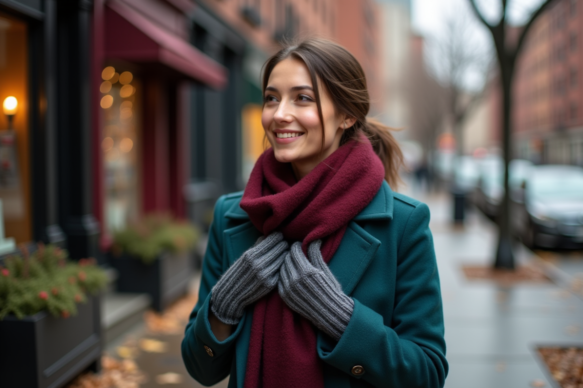 Femme élégante en manteau teal et écharpe bordeaux