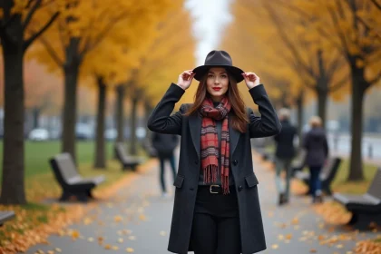 Femme élégante en manteau automne dans un parc