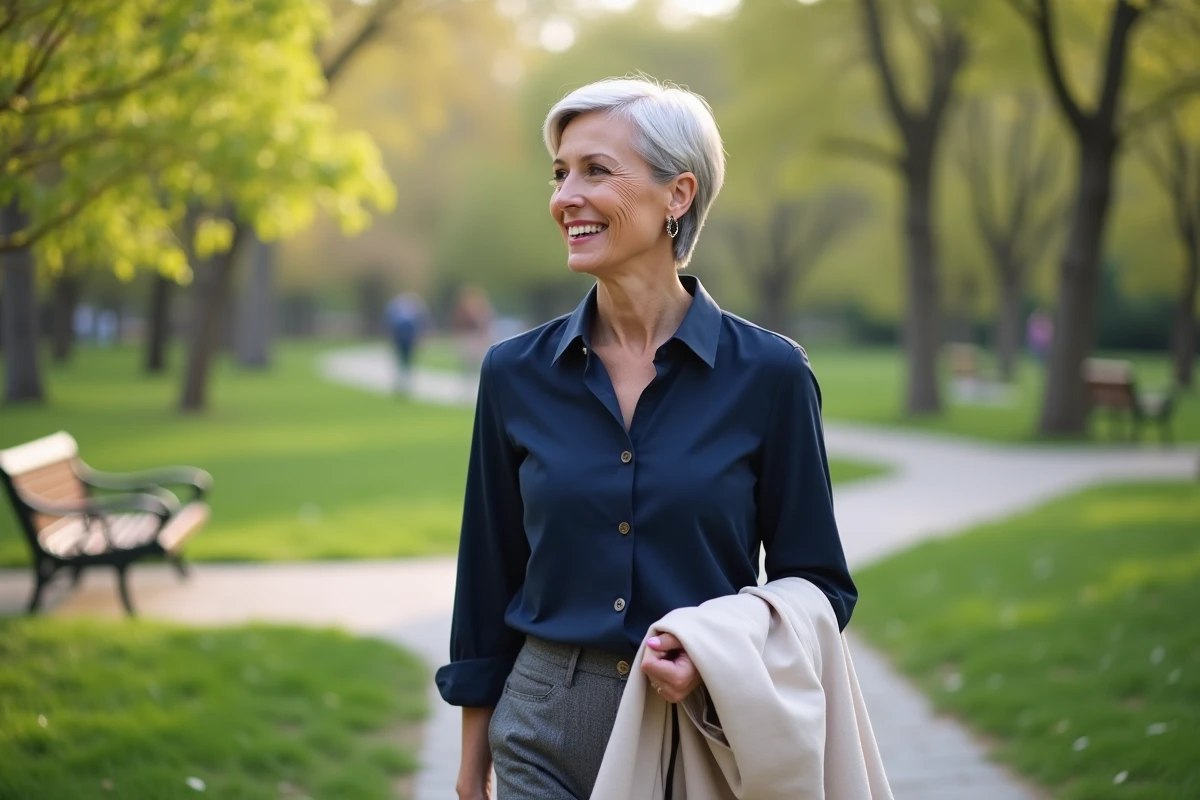 Femme joyeuse marchant dans un parc urbain