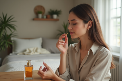 Femme élégante appliquant du parfum dans une chambre lumineuse