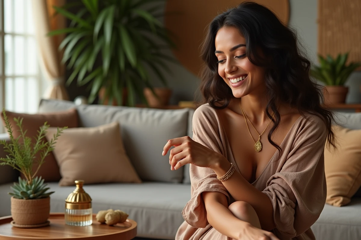 Jeune femme en robe bohème se parfume dans un salon cosy