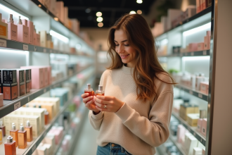 Femme souriante compare parfums dans un magasin de beauté