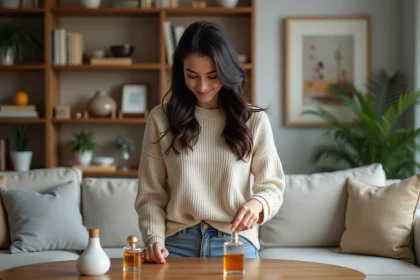 Femme souriante examine des parfums dans un salon moderne