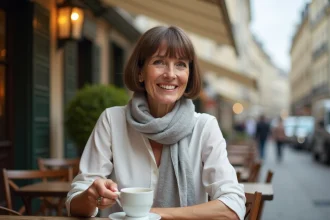 Femme élégante de 60 ans dans un café parisien