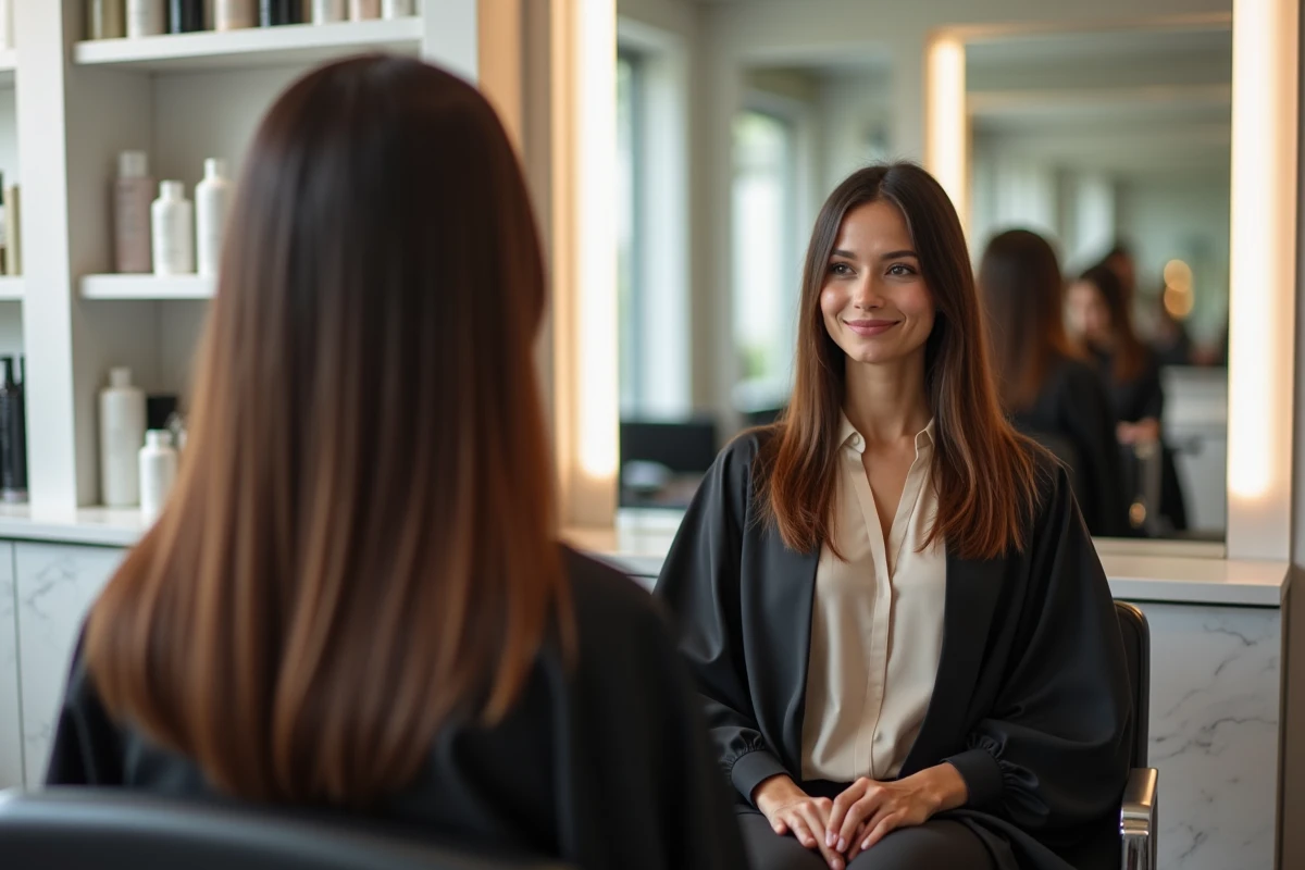 Femme aux cheveux bruns brillants après une patine en salon de coiffure, reflets châtaigne visibles sur cheveux lisses