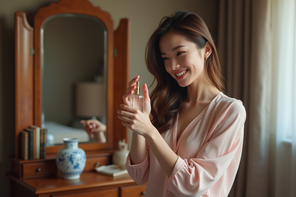 Femme élégante appliquant du parfum sur son poignet