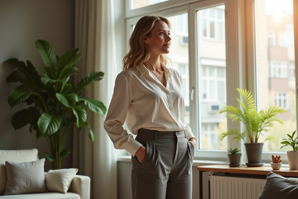 Femme plus size confiante dans un salon lumineux
