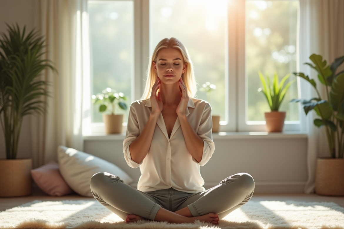 Femme assise en relaxation dans un salon lumineux