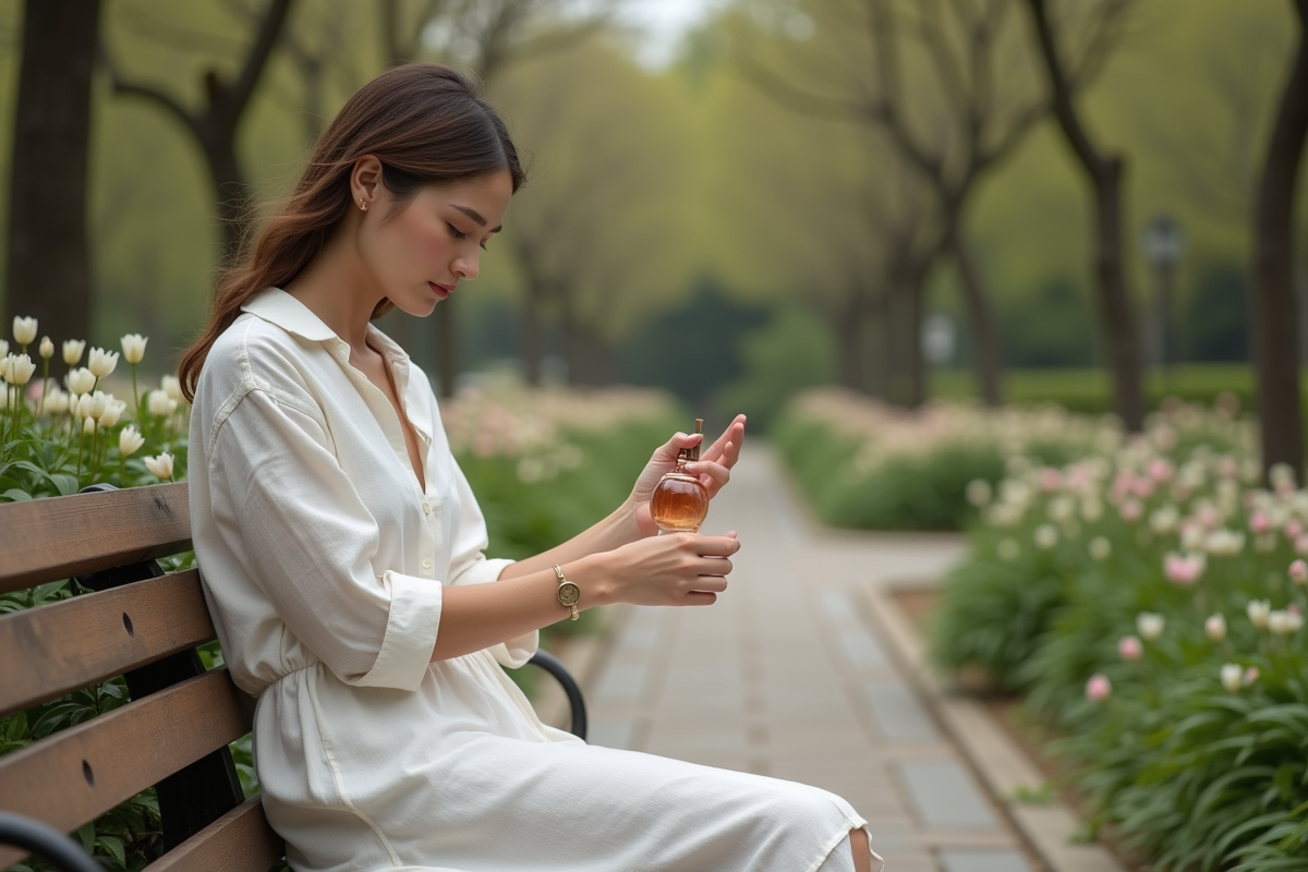 Femme en robe blanche dans un jardin urbain