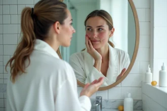 Femme aux rougeurs de rosacée examinant sa peau dans un miroir de salle de bain, routine de soins apaisants