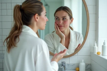 Femme aux rougeurs de rosacée examinant sa peau dans un miroir de salle de bain, routine de soins apaisants