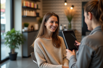 Femme souriante dans un salon de coiffure moderne
