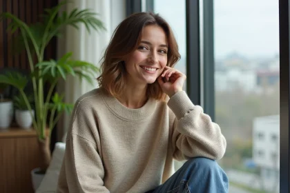 Femme souriante dans un salon moderne avec plantes vertes