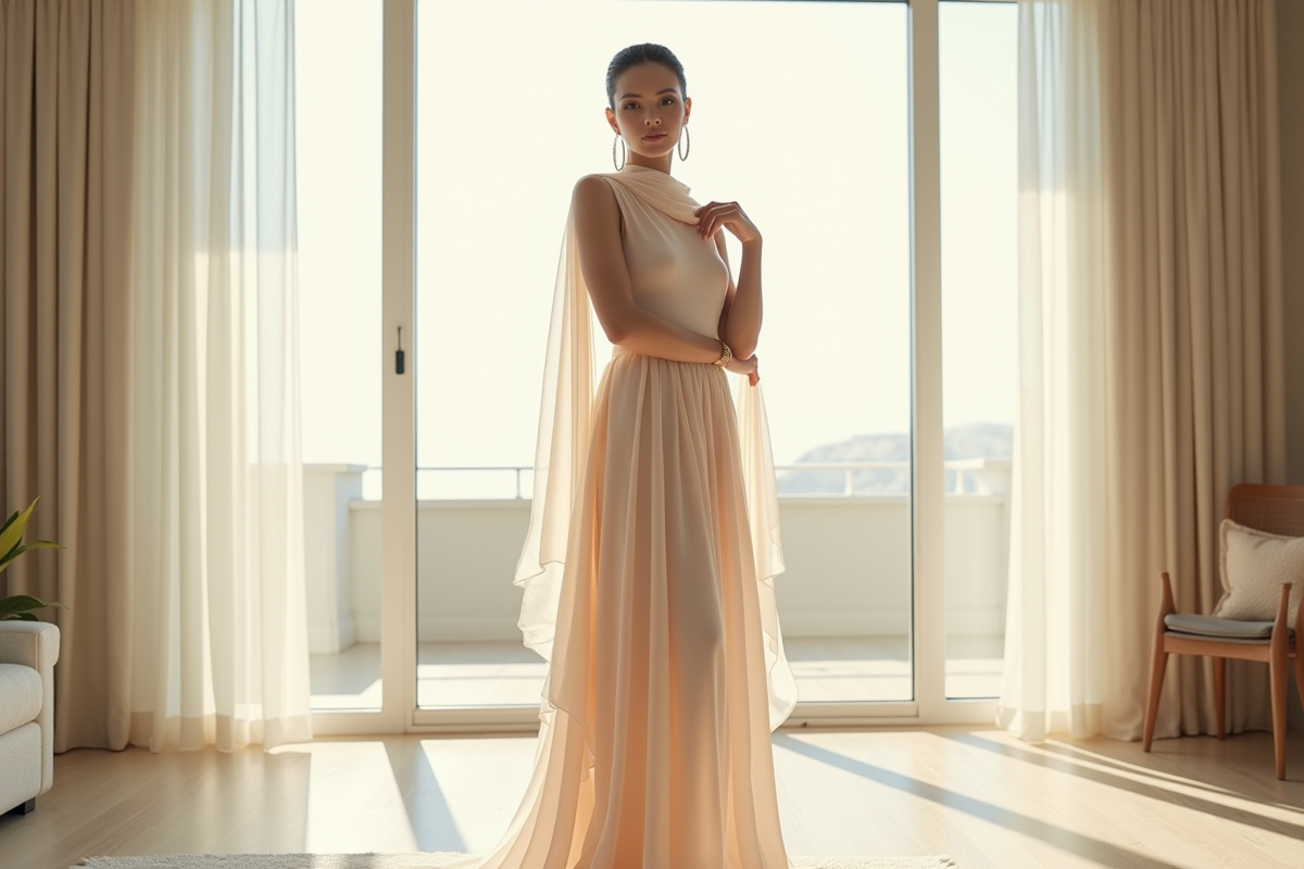 Femme élégante dans un salon lumineux et moderne