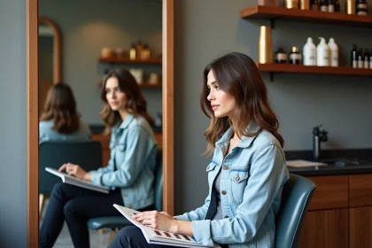Femme dans un salon de coiffure lyonnais moderne contemplant un livre de couleurs