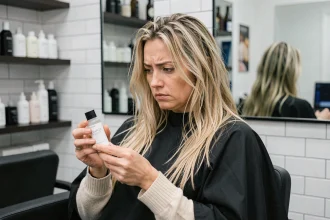 Femme en salon de coiffure tenant une bouteille Olaplex avec une expression dubitative, illustrant le débat sur l'efficacité du traitement capillaire