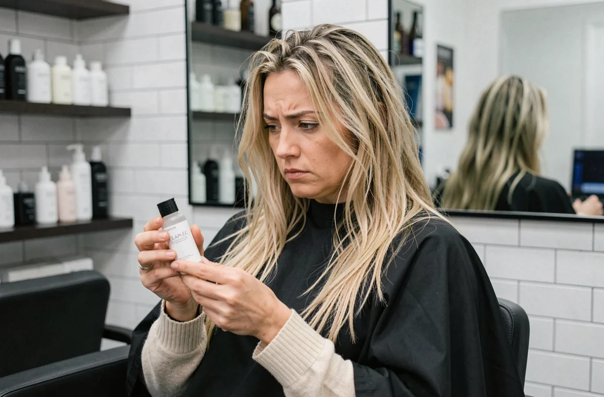 Femme en salon de coiffure tenant une bouteille Olaplex avec une expression dubitative, illustrant le débat sur l'efficacité du traitement capillaire