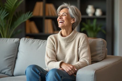 Femme élégante souriante dans un salon cosy