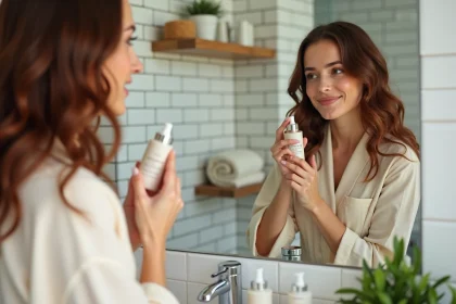 Femme appliquant un sérum capillaire Cutrins devant son miroir de salle de bain dans sa routine beauté