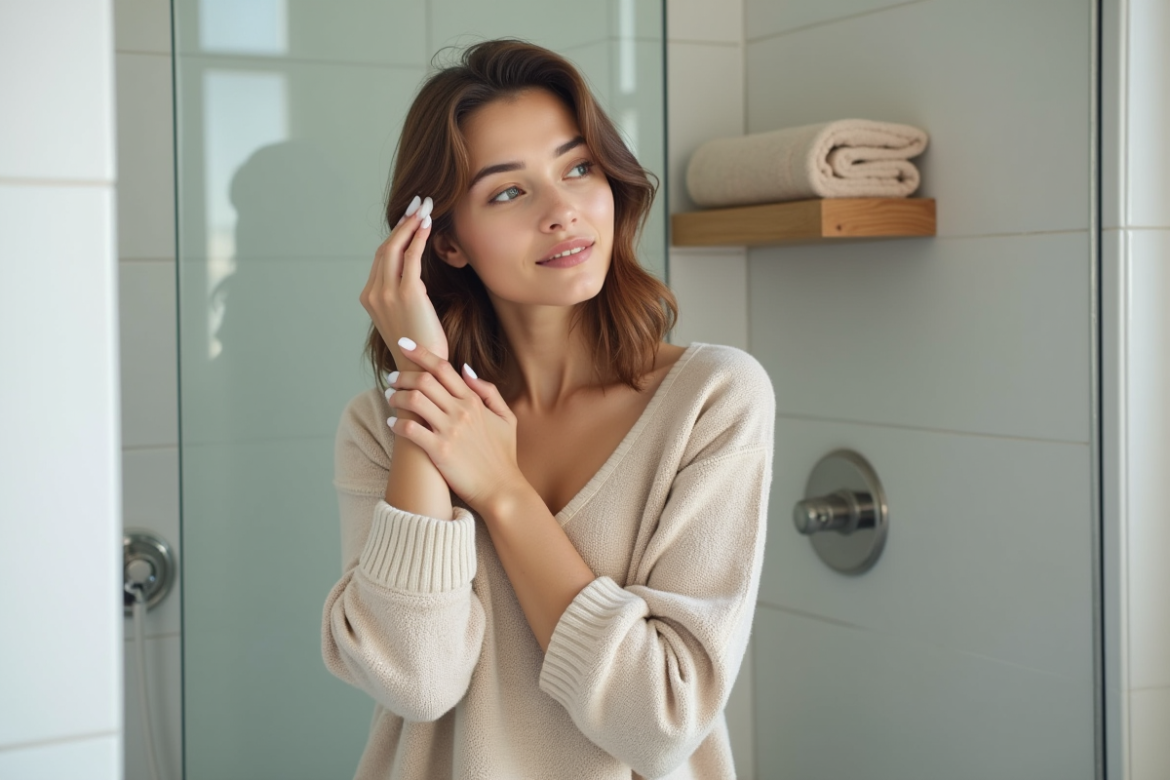 Jeune femme se lavant les cheveux dans la salle de bain