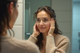 Femme se lavant les cheveux dans une salle de bain moderne