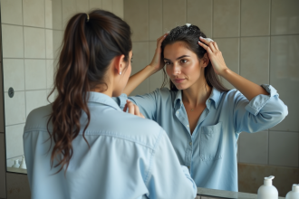 Femme massant ses cheveux mouilles dans la salle de bain