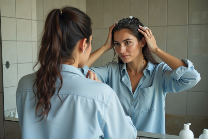 Femme massant ses cheveux mouilles dans la salle de bain