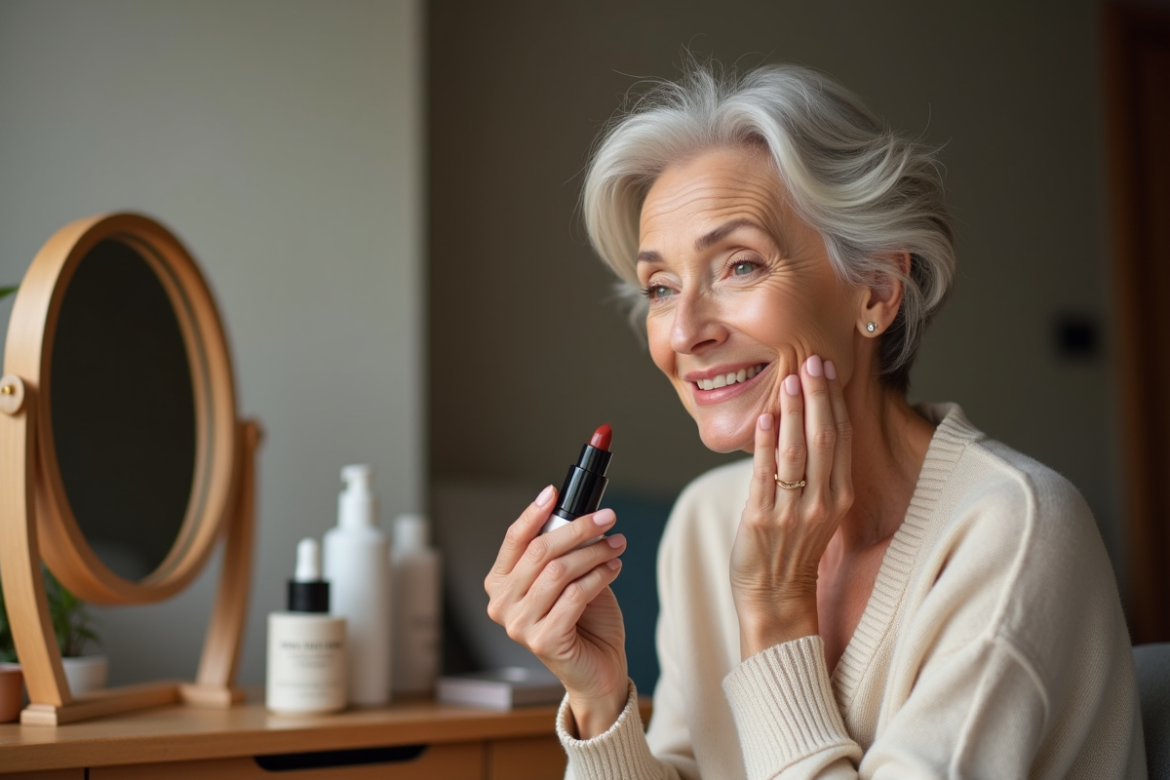 Femme élégante appliquant du fond de teint dans sa salle de bain