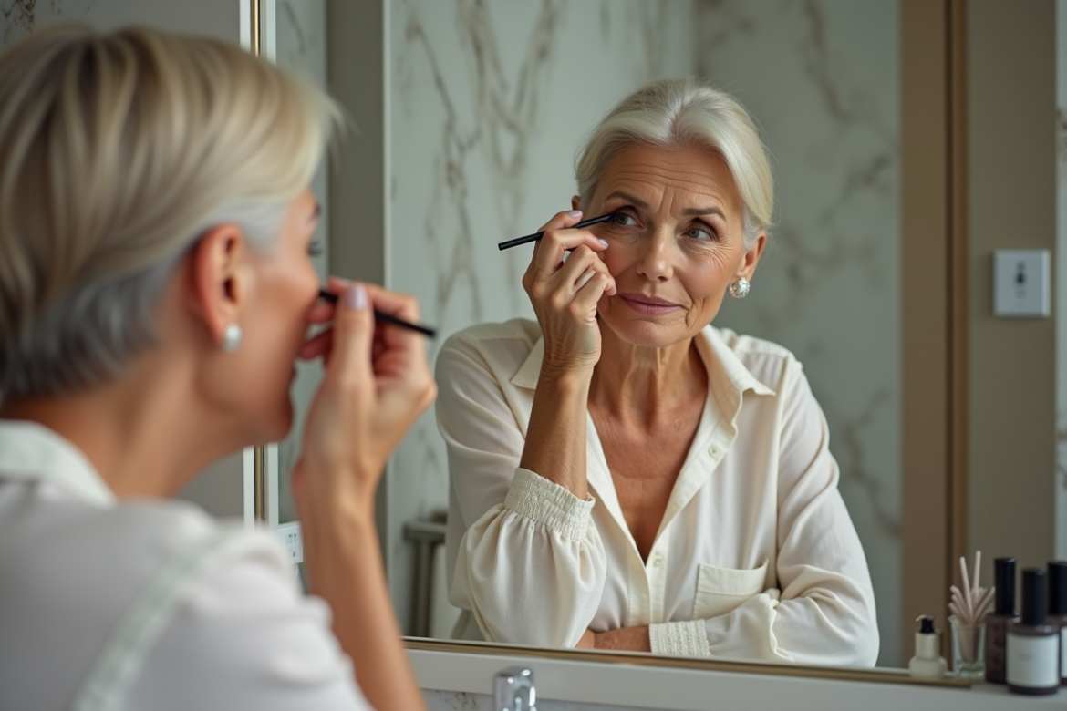 Femme élégante de 60 ans se maquillant dans le miroir