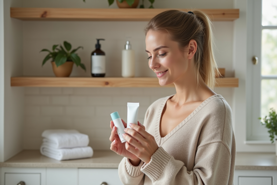 Femme examine une creme hydratante dans une salle de bain moderne
