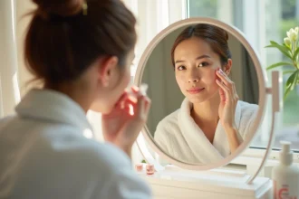 Femme appliquant un serum sur le visage dans un miroir