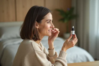 Femme appliquant un serum visage dans sa routine beauté